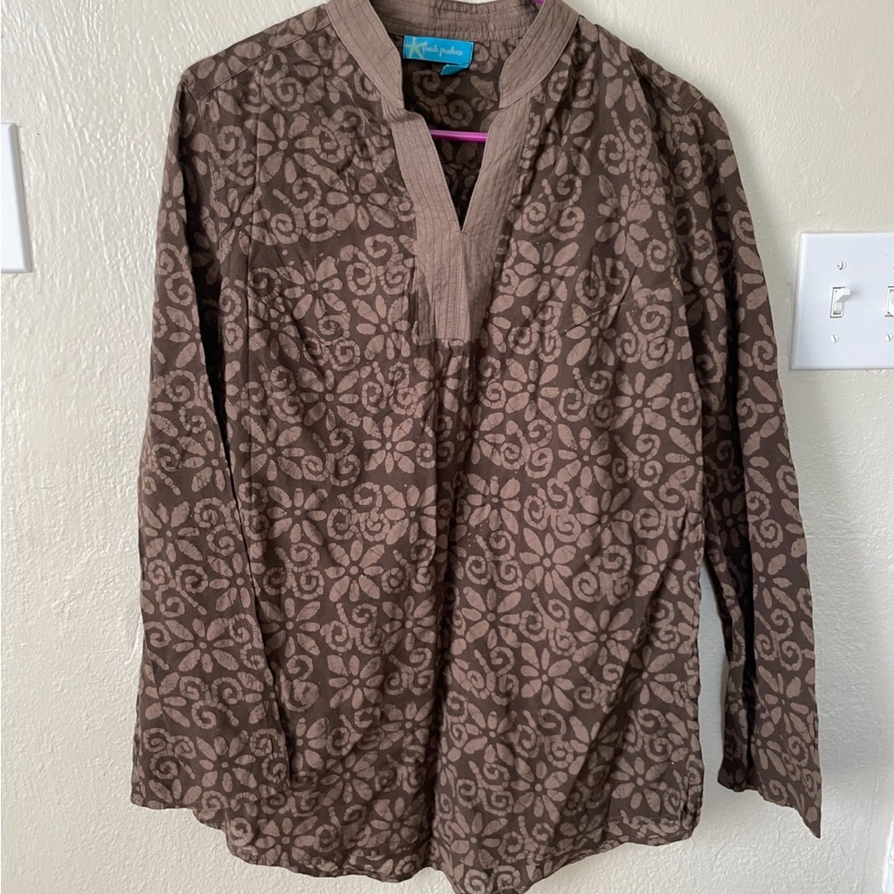Fresh Produce Women Brown White Floral Tunic Top Size S 3/4 Sleeve Lightweight